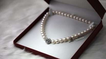 white pearl necklace with box